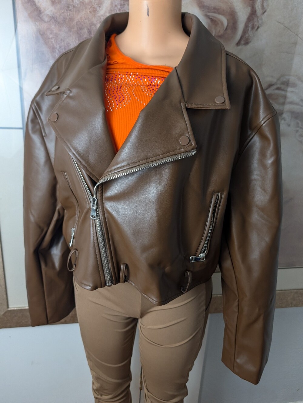 Lioness Staten Island Faux Oversized Leather Jacket - Chocolate Brown Size L